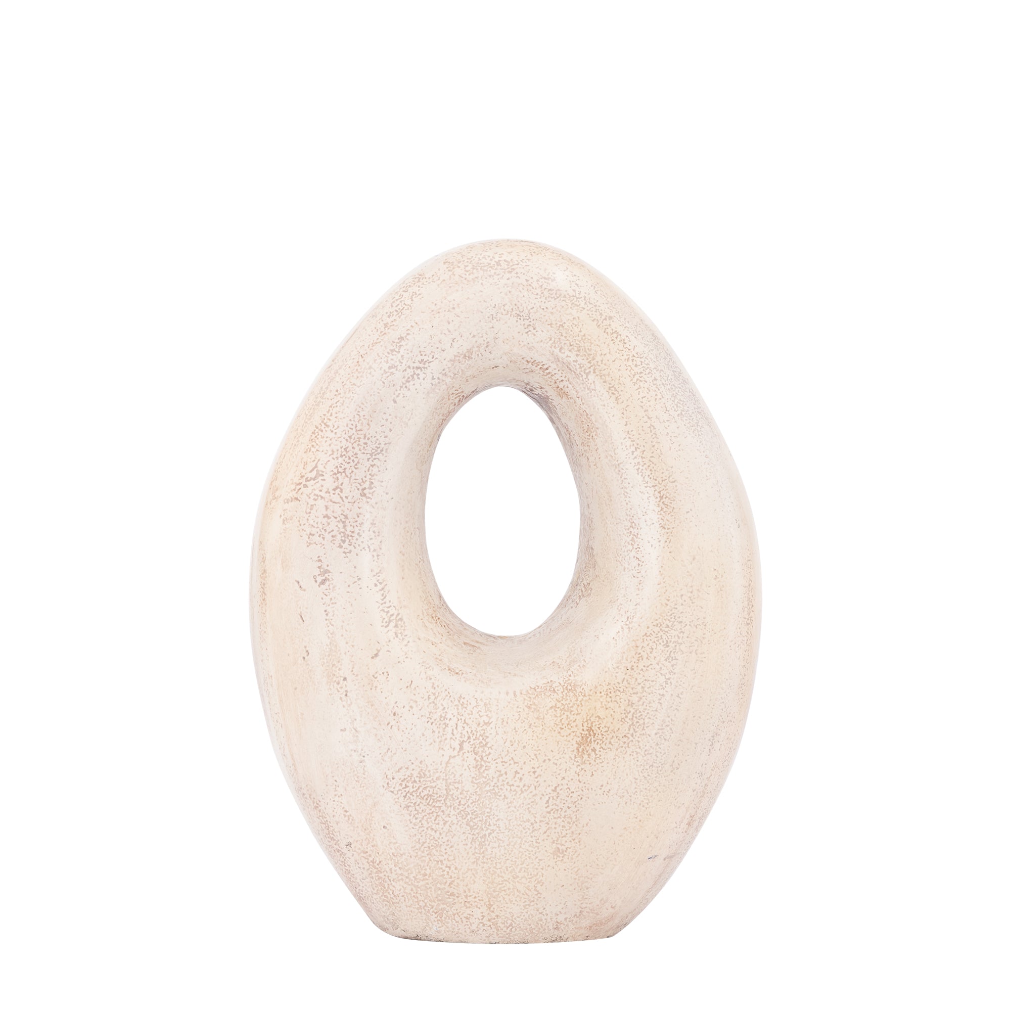 Haidin Beige Casted Alu Bulby Shaped Statue High van PTMD, staand organisch beeld met ovale opening in beige steenlook