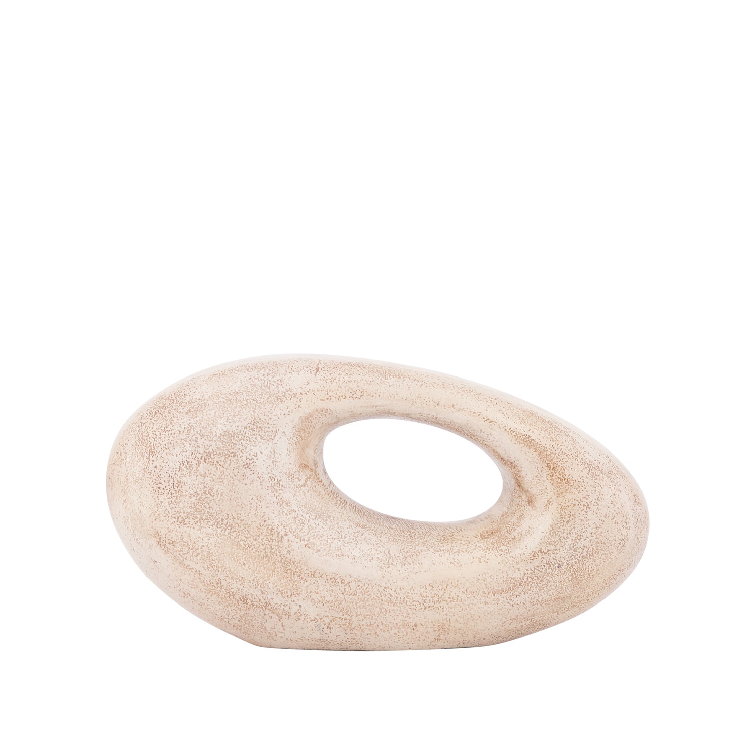 Haidin Beige Casted Alu Bulby Shaped Statue Wide van PTMD, liggend organisch beeld met ronde opening in beige steenlook