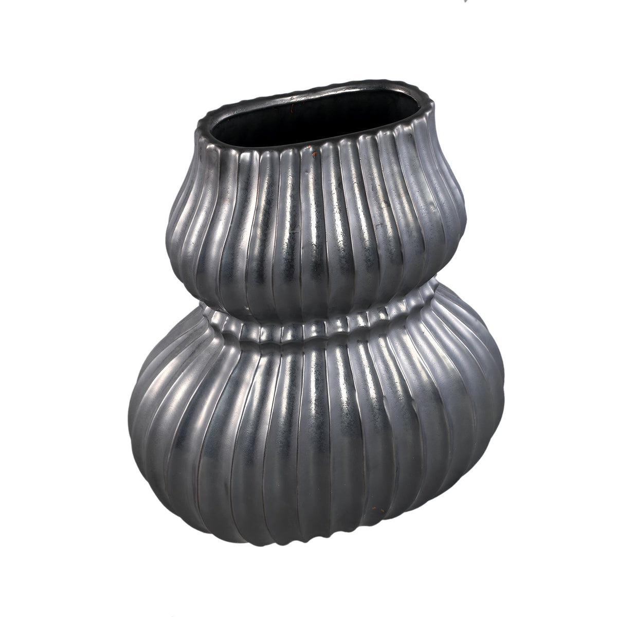 Halta vaas large van PTMD van opzij, zwart keramiek met verticale ribbels