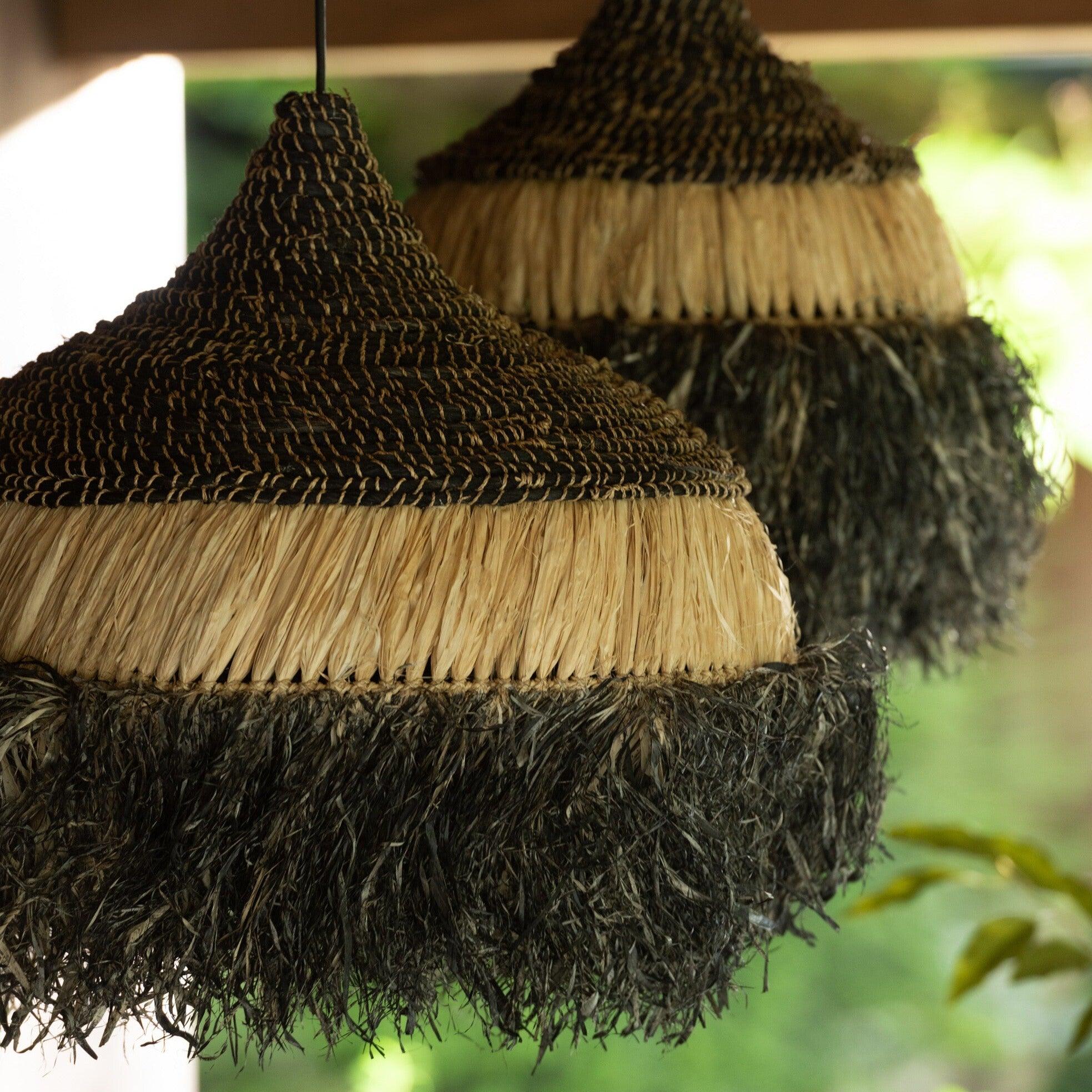 Hanglamp Rond Raffia Zwart/Naturel Large , Hanglamp , J-Line , livinglovely.nl