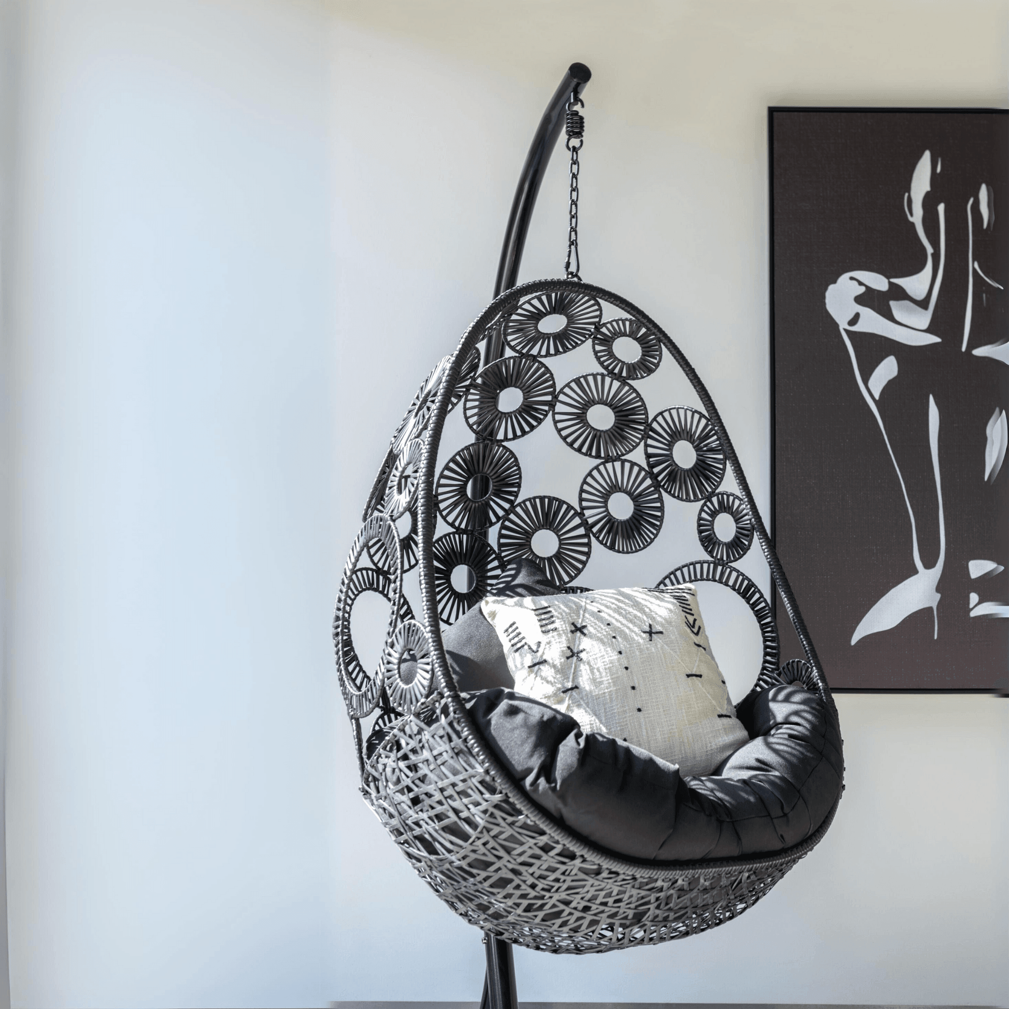 Hangstoel + Kussens Bula Metaal/Riet Zwart - Hangstoel - J-Line - livinglovely.nl