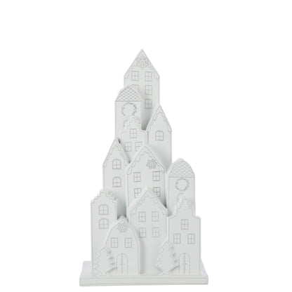 Decoratief huis van J-Line in kalk met zwart dak van dichtbij