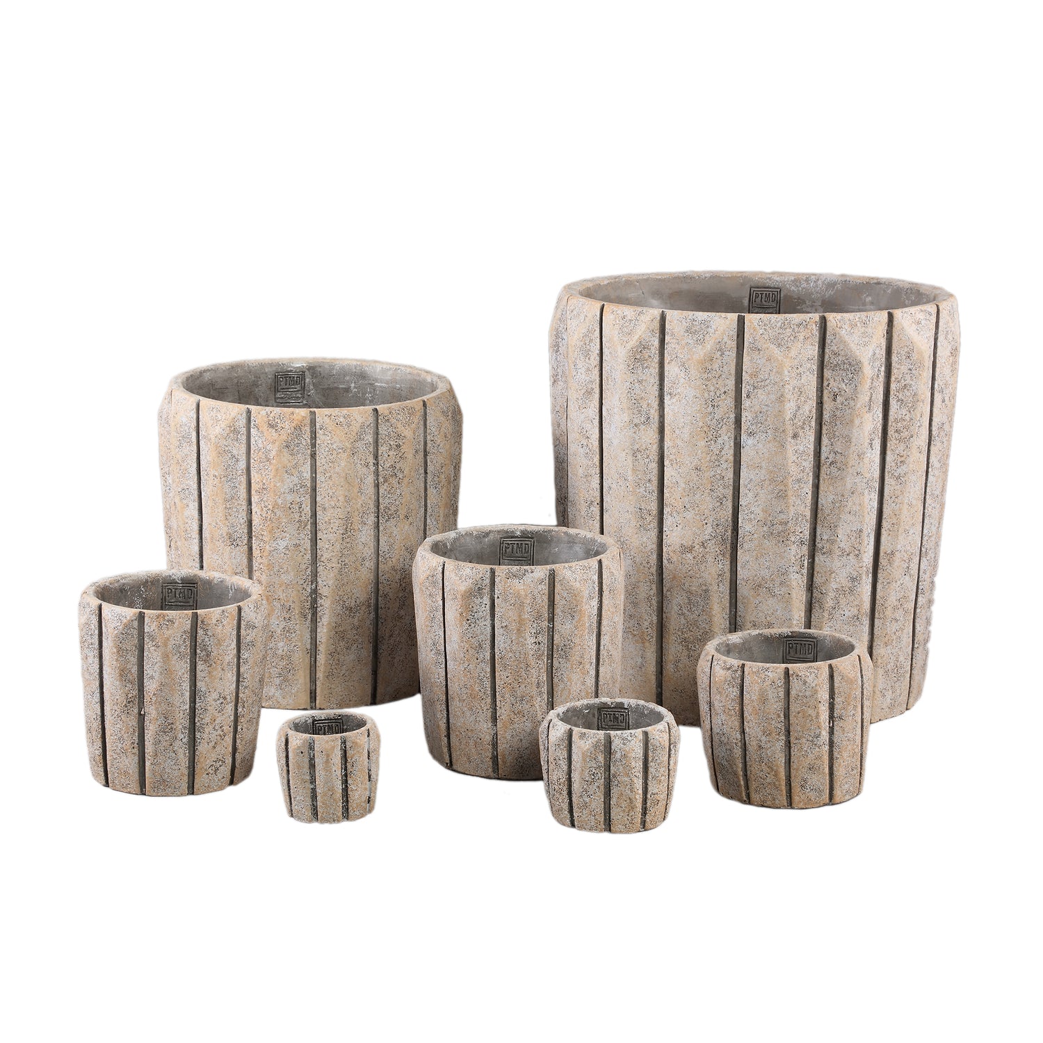 Imani Taupe Cement Pot Round With Lines Big L PTMD - Pot - PTMD - livinglovely.nl