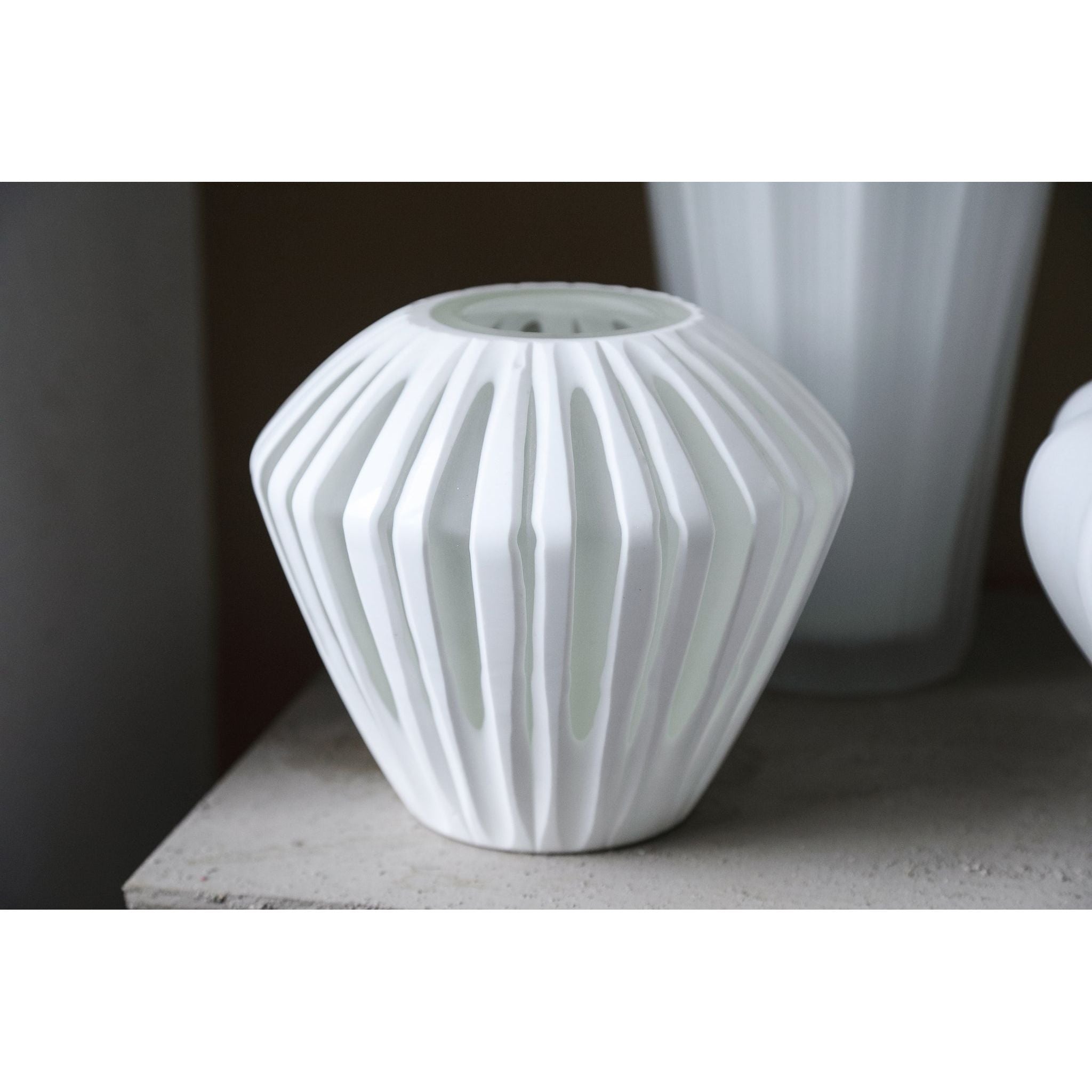 Ireka White Handcut Solid Glass Vase Angular Round Large PTMD