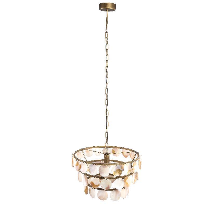 Jalinn Gold metal hanging lamp pearl shells round PTMD , Hanglamp , PTMD , livinglovely.nl