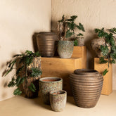 Jerzy Bronze Ceramic Pot Ribbed Round Shaped Small PTMD - Pot - PTMD - livinglovely.nl