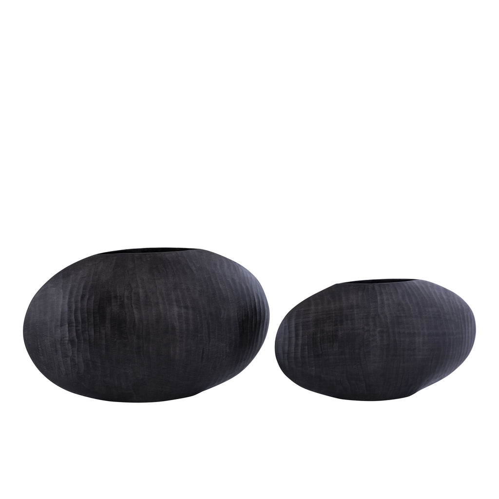 Jowad Graphite alu sheet pot ribbed low oval S - - PTMD - livinglovely.nl