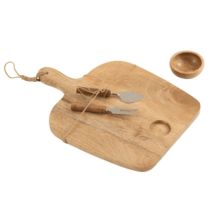 Kaasplank + Mes + Kom Mango Hout Naturel/Wit - Serveerplank - J-Line - livinglovely.nl