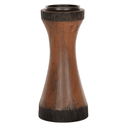 Kandelaar Diabolo Large van MUST Living, getailleerde houten kaarsenhouder in naturel op witte achtergrond