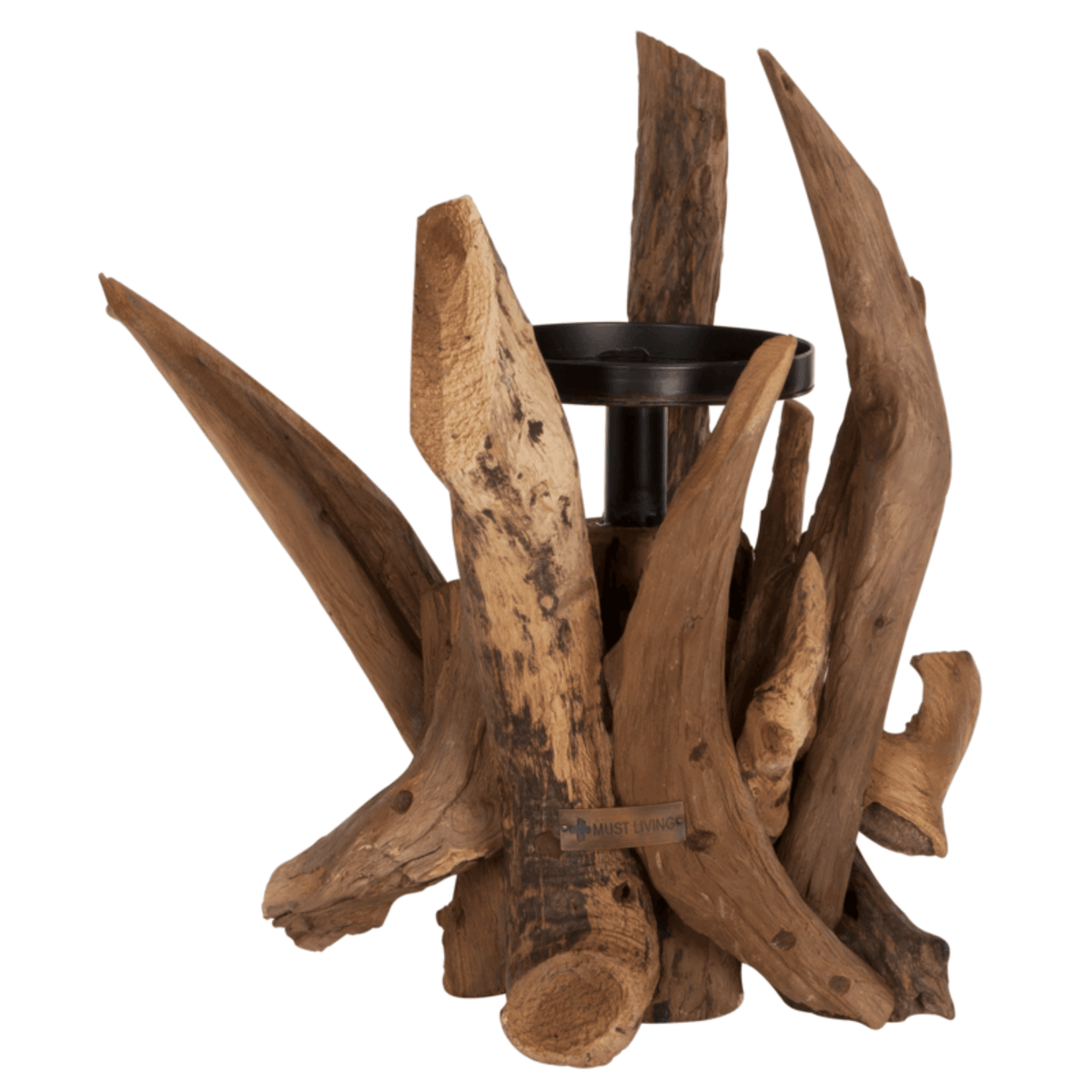 Kandelaar Roots van MUST Living, detail van de knoesten en scheurtjes in het gerecyclede hout