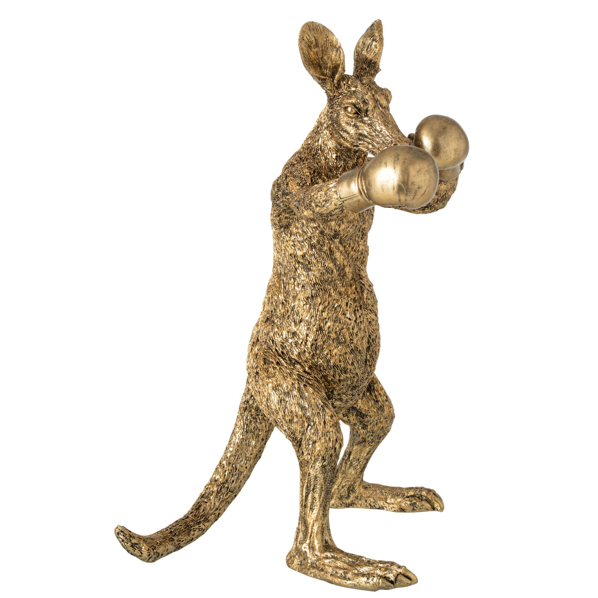 Boksende kangoeroe van J-Line in goudkleurig polyresin, decoratief beeld van 45.5cm hoog