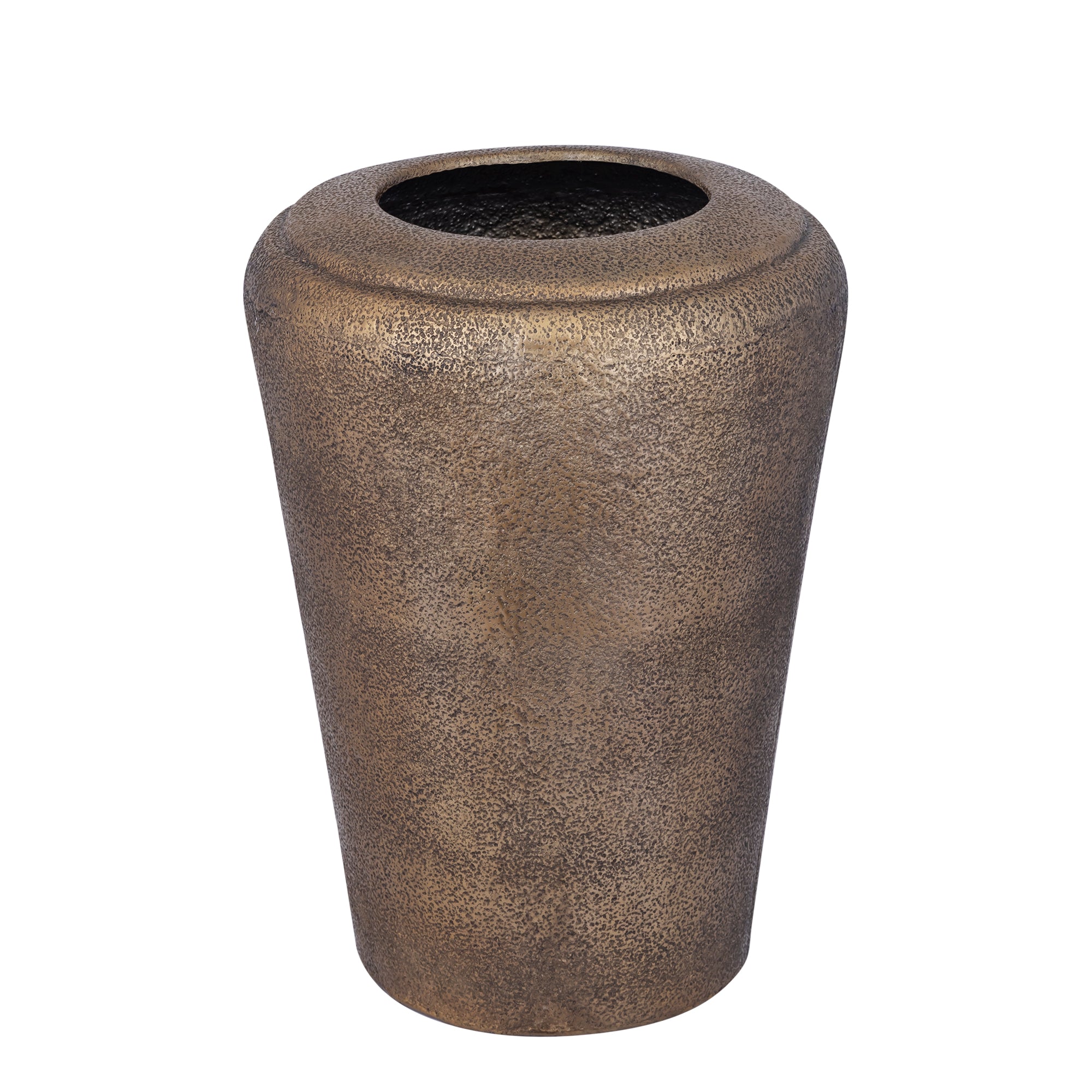 Kardine Antique Gold Alu Pot Dented Round Ø48cm x H65cm van PTMD, ronde aluminium pot op witte achtergrond