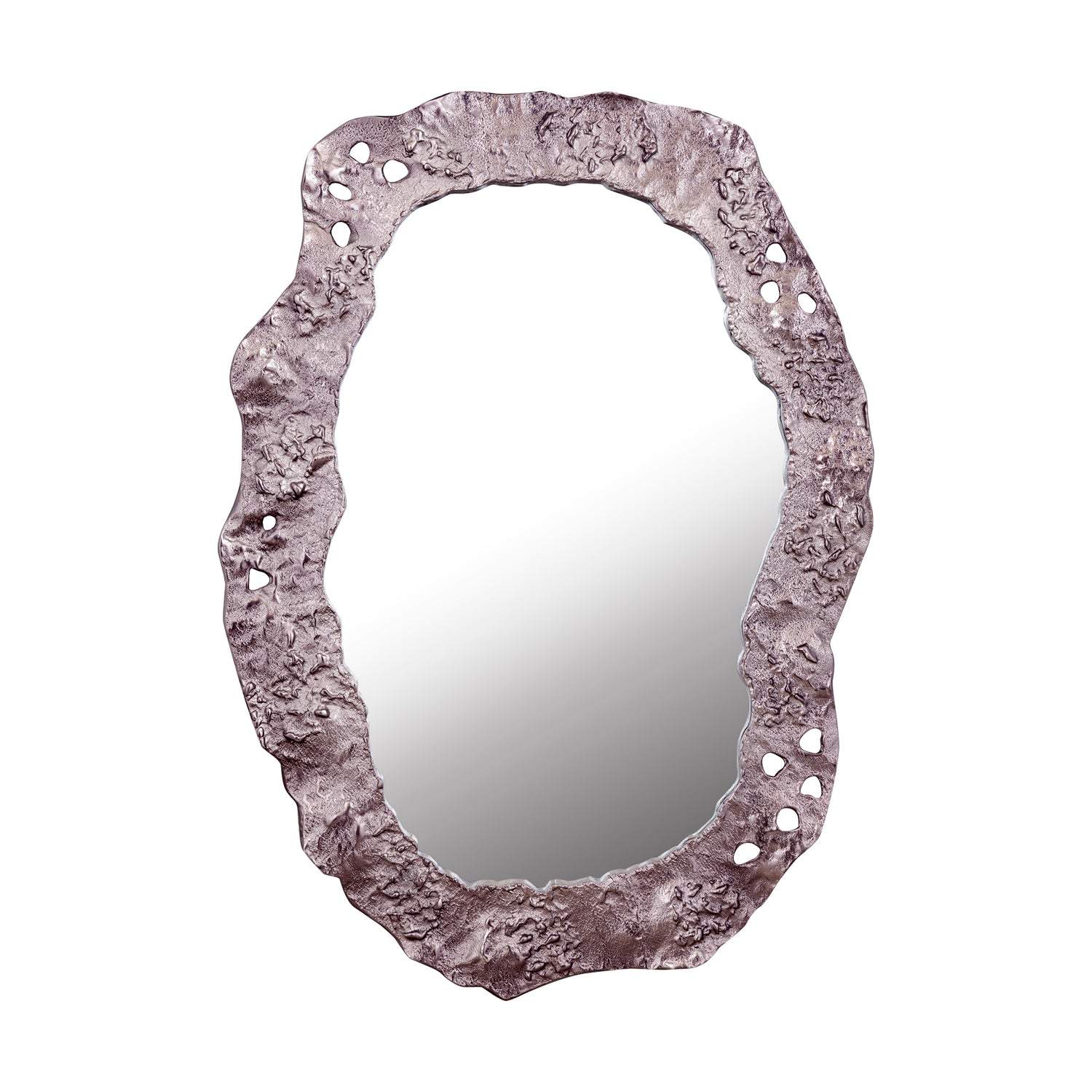 Kariss Bronze Casted Alu Mirror Rough Oval Shape van PTMD, ovale spiegel met ruwe bronskleurige lijst op witte achtergrond