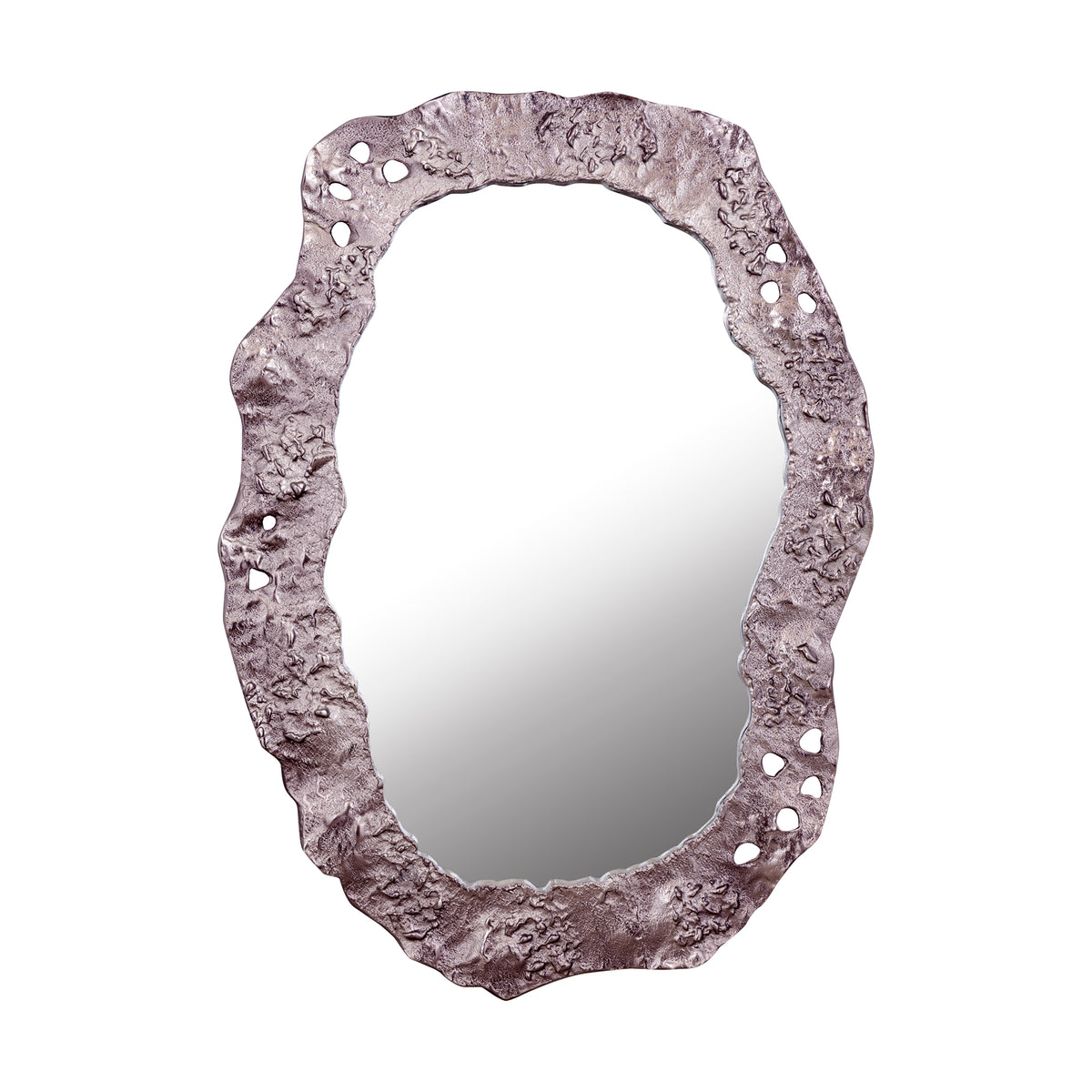 Kariss Bronze Casted Alu Mirror Rough Oval Shape van PTMD, ovale spiegel met ruwe bronskleurige lijst op witte achtergrond