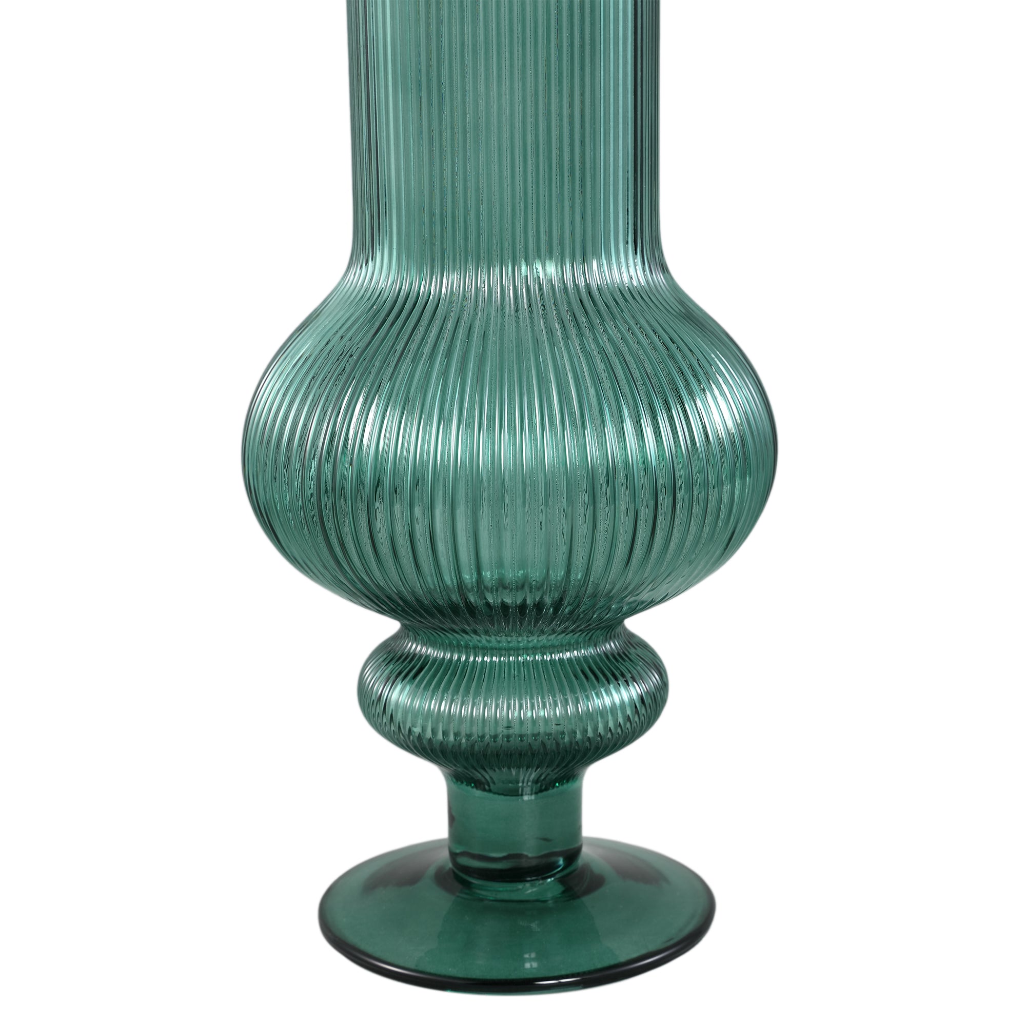 Keala Dark Green Round Ribbed Glass Vase On Base L Dia 15,5xh50cm PTMD - Vaas - PTMD - livinglovely.nl