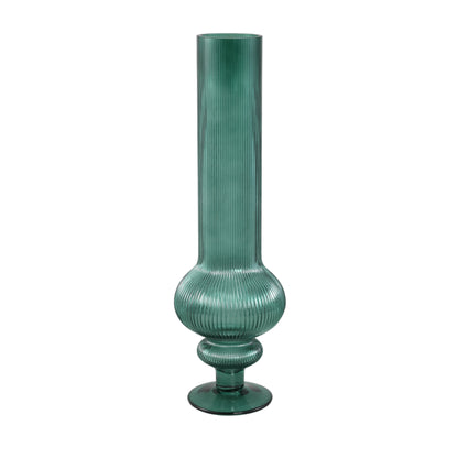 Keala Dark Green Round Ribbed Glass Vase On Base L Dia 15,5xh50cm PTMD - Vaas - PTMD - livinglovely.nl