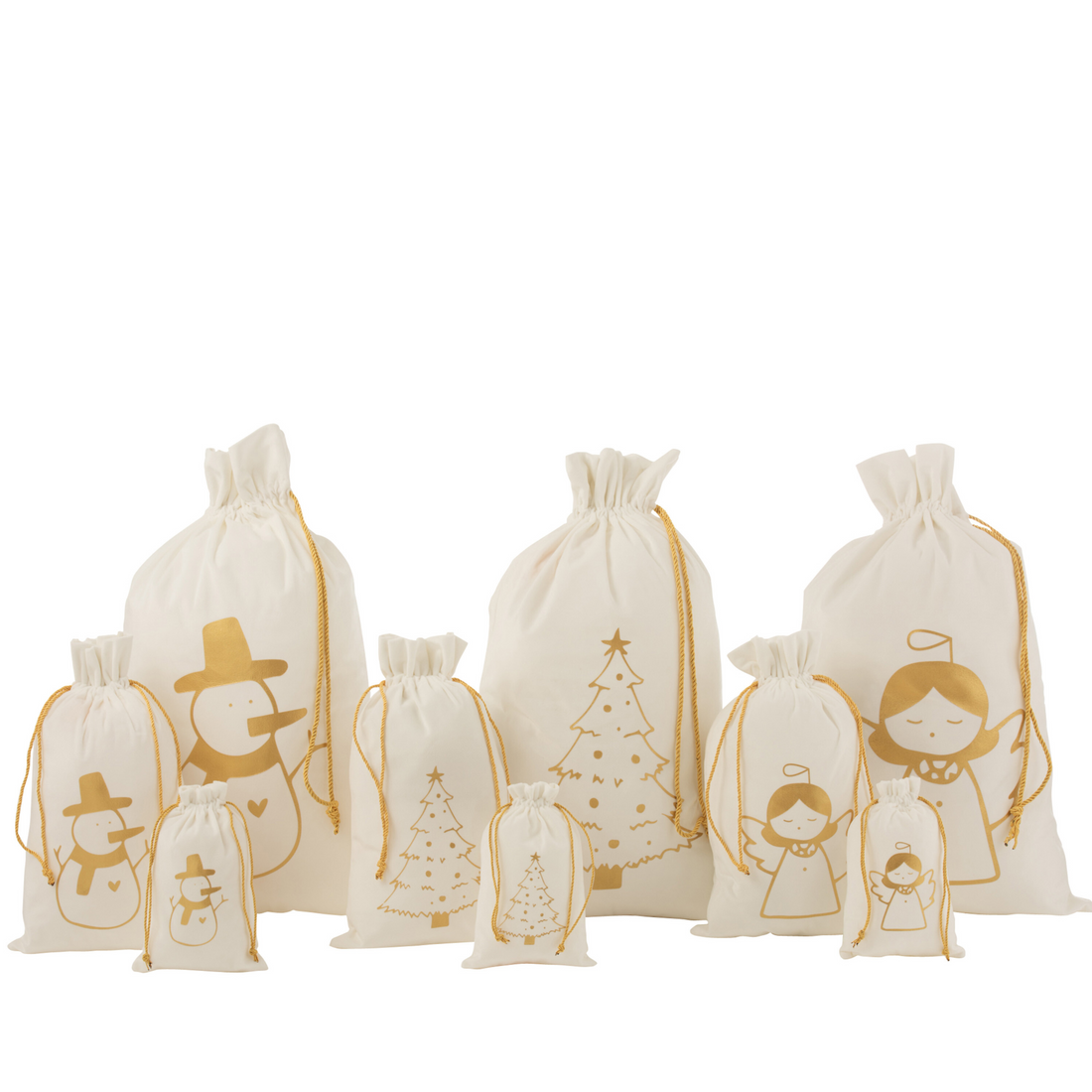 Kerst Zak Engel + Boom + Sneeuwpop Velvet Wit/Goud Large Set van 3 - Cadeauverpakking - J-Line - livinglovely.nl