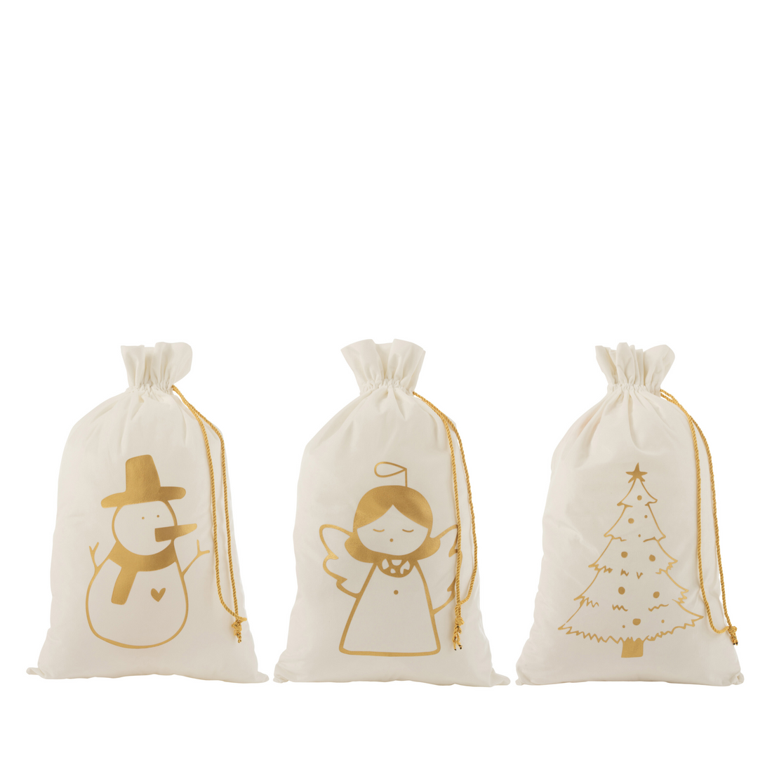 Kerst Zak Engel + Boom + Sneeuwpop Velvet Wit/Goud Large Set van 3 - Cadeauverpakking - J-Line - livinglovely.nl