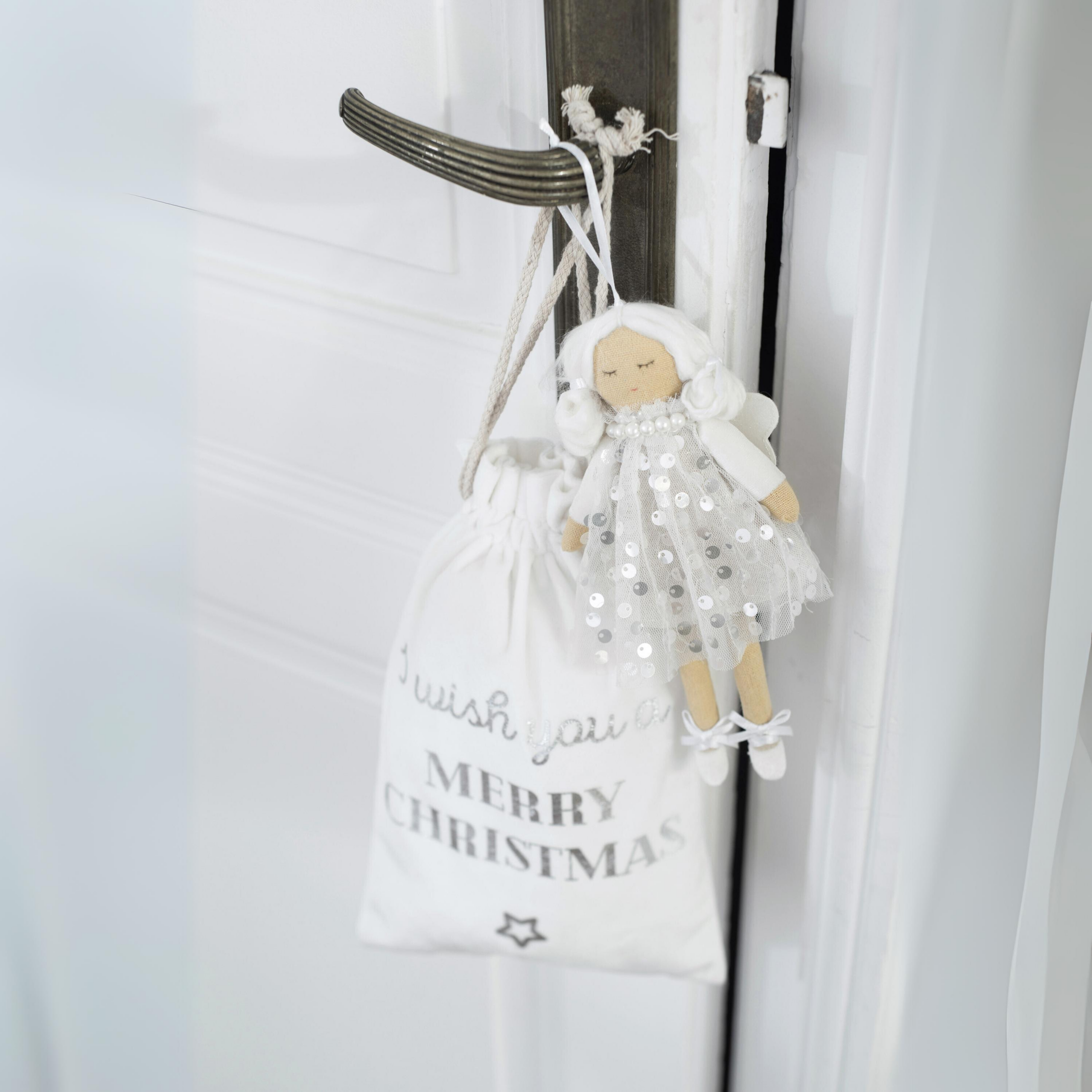 Kerst Zak Engels Velvet Wit Small Set van 3 - Cadeauverpakking - J-Line - livinglovely.nl