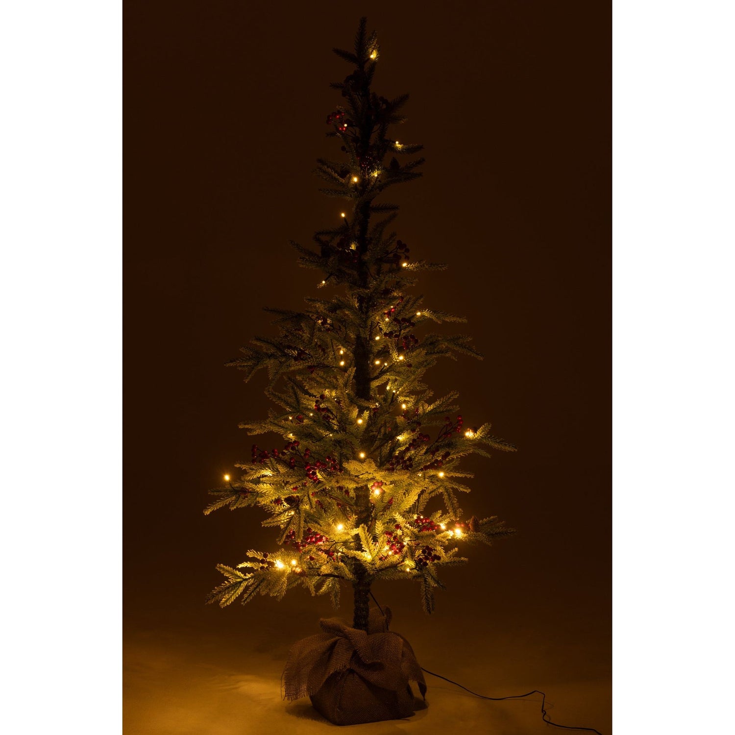 Kerstboom + Jute Zak + Led Kunststof Sneeuw Groen/Rood Large H150cm van J-Line, detail van de takken en afwerking