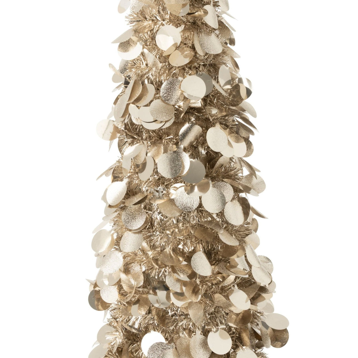 Detail van de greige Sparkling kerstboom van J-Line, glinsterend oppervlak en punt van de boom