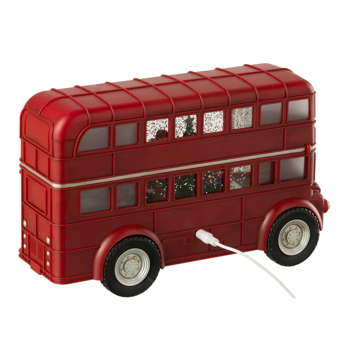 Zijaanzicht van de rode kerstbus van J-Line met verlichte ramen en kerstdecor