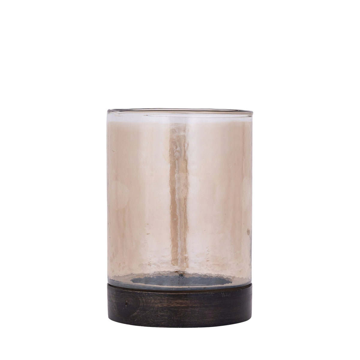 Keylan Windlicht Bruin Luster Large van PTMD, glazen cilinder op een houten voet op witte achtergrond