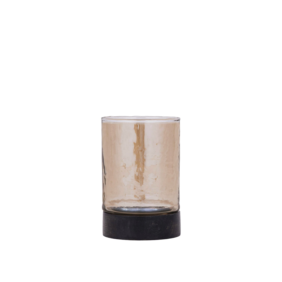 Keylan Windlicht Bruin Luster Small van PTMD, glazen cilinder op een houten voet op witte achtergrond