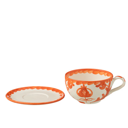 Koffiekop met Schaaltje Granada Motief Oranje/Wit Keramiek J-Line