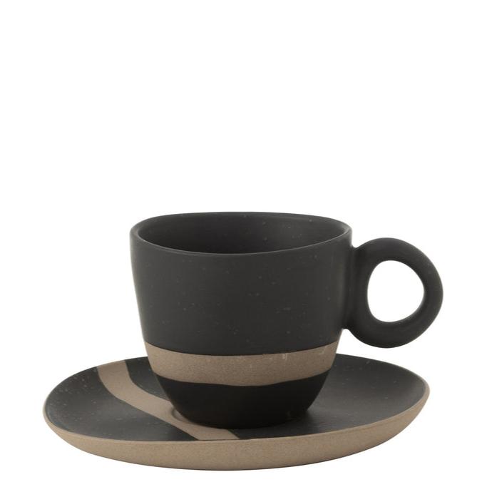 Kopje + Schotel Keramiek Zwart/Taupe J-Line - Kopje - J-Line - livinglovely.nl