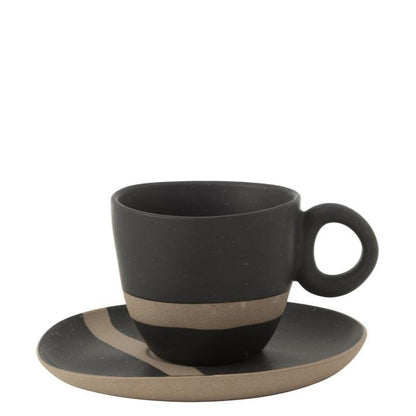 Kopje + Schotel Keramiek Zwart/Taupe J-Line - Kopje - J-Line - livinglovely.nl