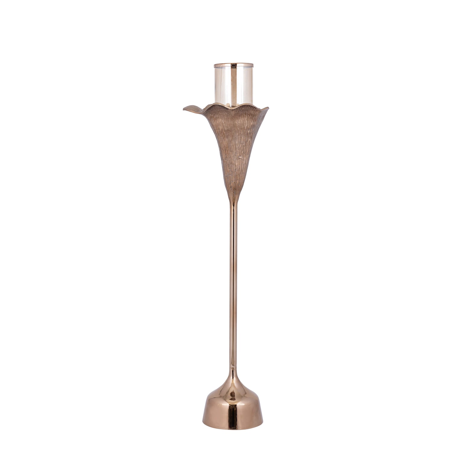 Kourtney Bronze Casted Alu Stormlight Flower L van PTMD, bronskleurig windlicht in bloemvorm op witte achtergrond