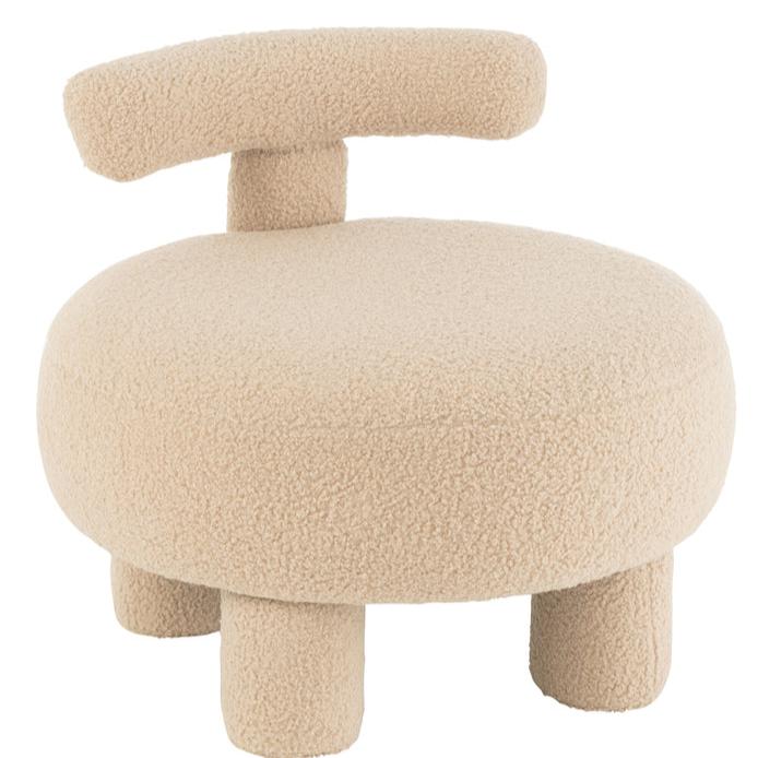 Kruk Rond Met Rugleuning Bouclé Warm Beige - Kruk - J-Line - livinglovely.nl