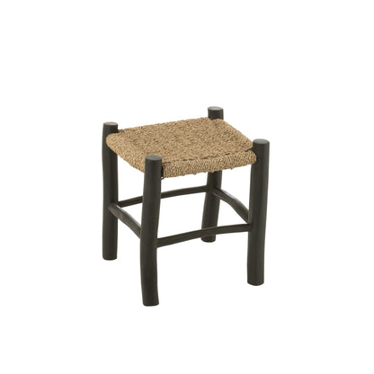 Kruk Vierkant Teak Hout/Zeegras Zwart/Naturel