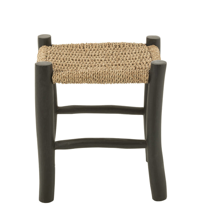 Kruk Vierkant Teak Hout/Zeegras Zwart/Naturel - Kruk - J-Line - livinglovely.nl