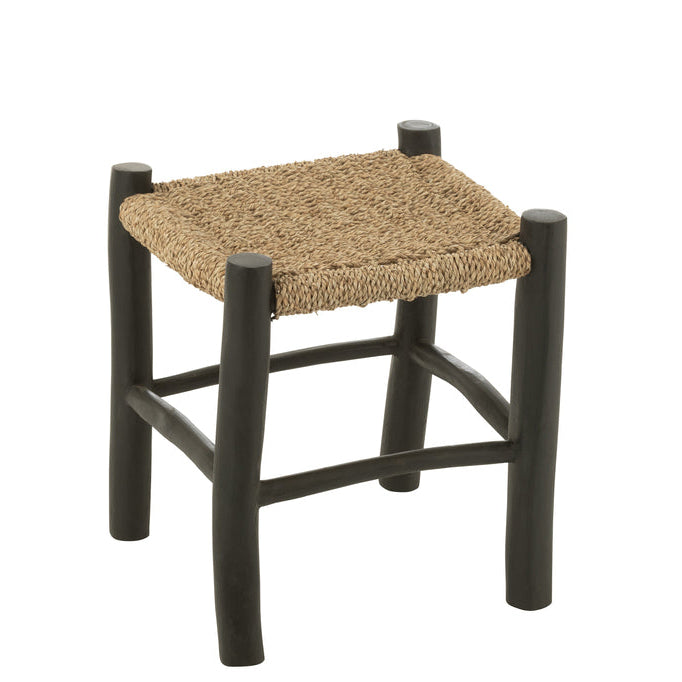 Kruk Vierkant Teak Hout/Zeegras Zwart/Naturel - Kruk - J-Line - livinglovely.nl