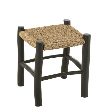 Kruk Vierkant Teak Hout/Zeegras Zwart/Naturel - Kruk - J-Line - livinglovely.nl