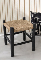 Kruk Vierkant Teak Hout/Zeegras Zwart/Naturel - Kruk - J-Line - livinglovely.nl