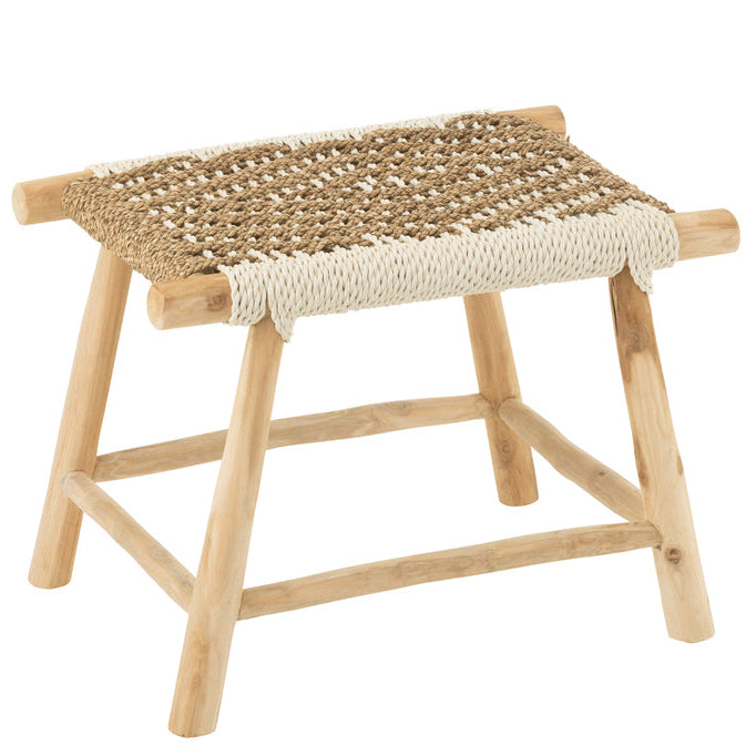 Kruk Waverly Teak Hout/Zeegras Naturel/Wit - Kruk - J-Line - livinglovely.nl