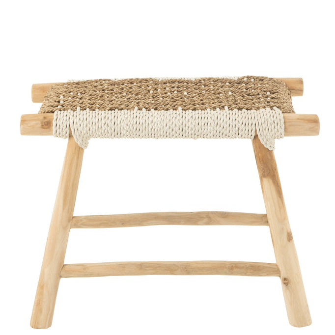 Kruk Waverly Teak Hout/Zeegras Naturel/Wit - Kruk - J-Line - livinglovely.nl