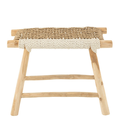 Kruk Waverly Teak Hout/Zeegras Naturel/Wit - Kruk - J-Line - livinglovely.nl