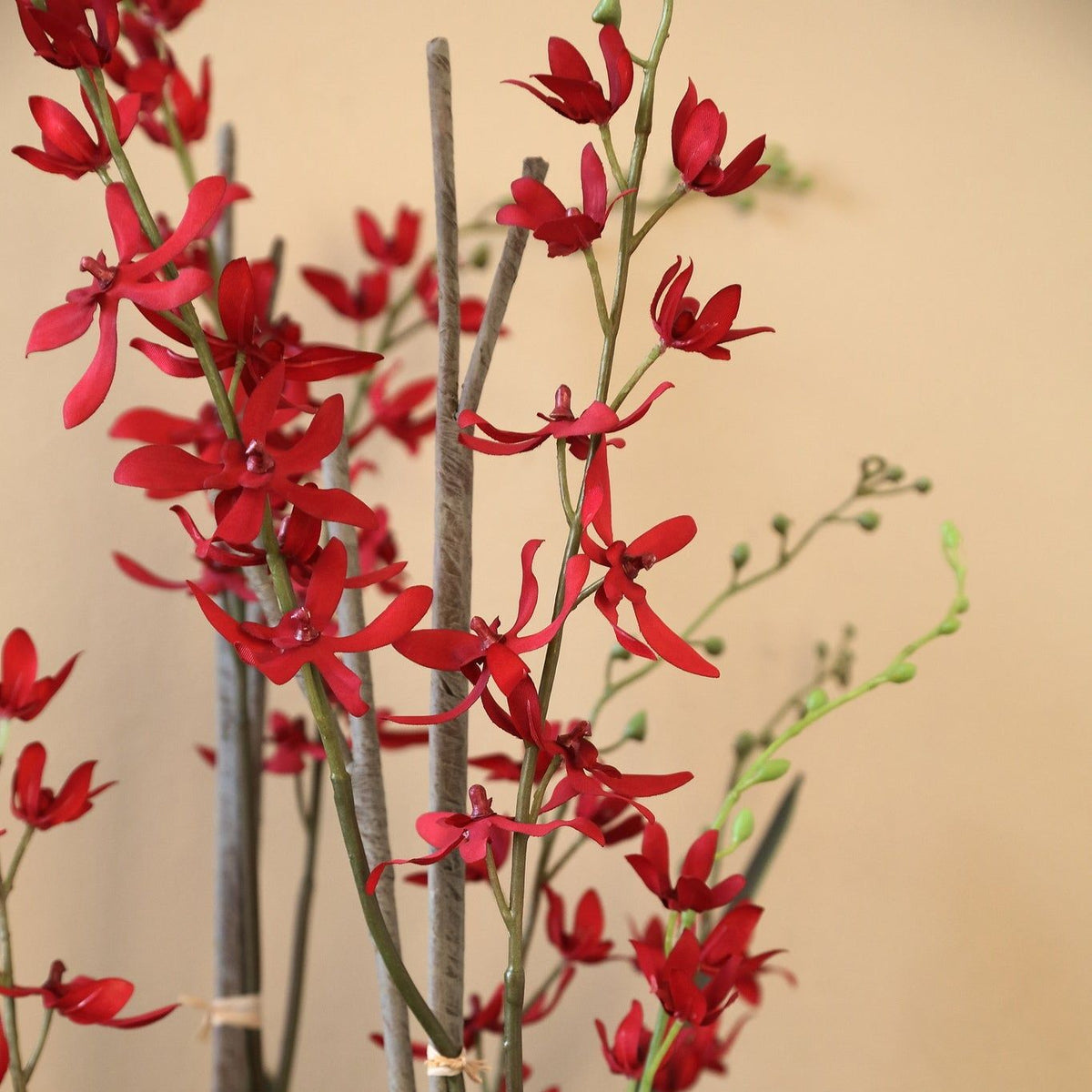 Roze Renanthera kunstorchidee van PTMD in glazen vaas op een sidetable
