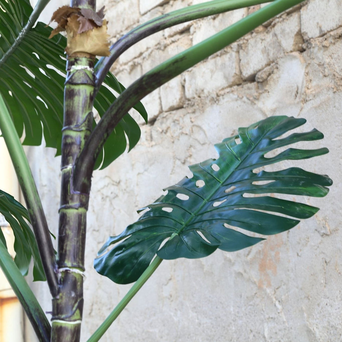 Kunstmonstera van PTMD van 310 cm in een ruimte met hoog plafond