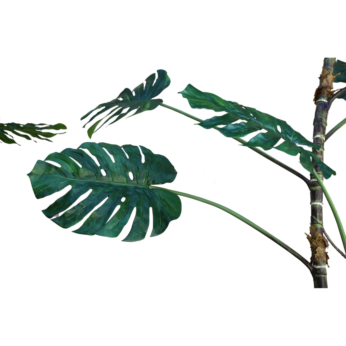 Hoge groene kunstmonstera van PTMD van opzij met ingesneden bladeren