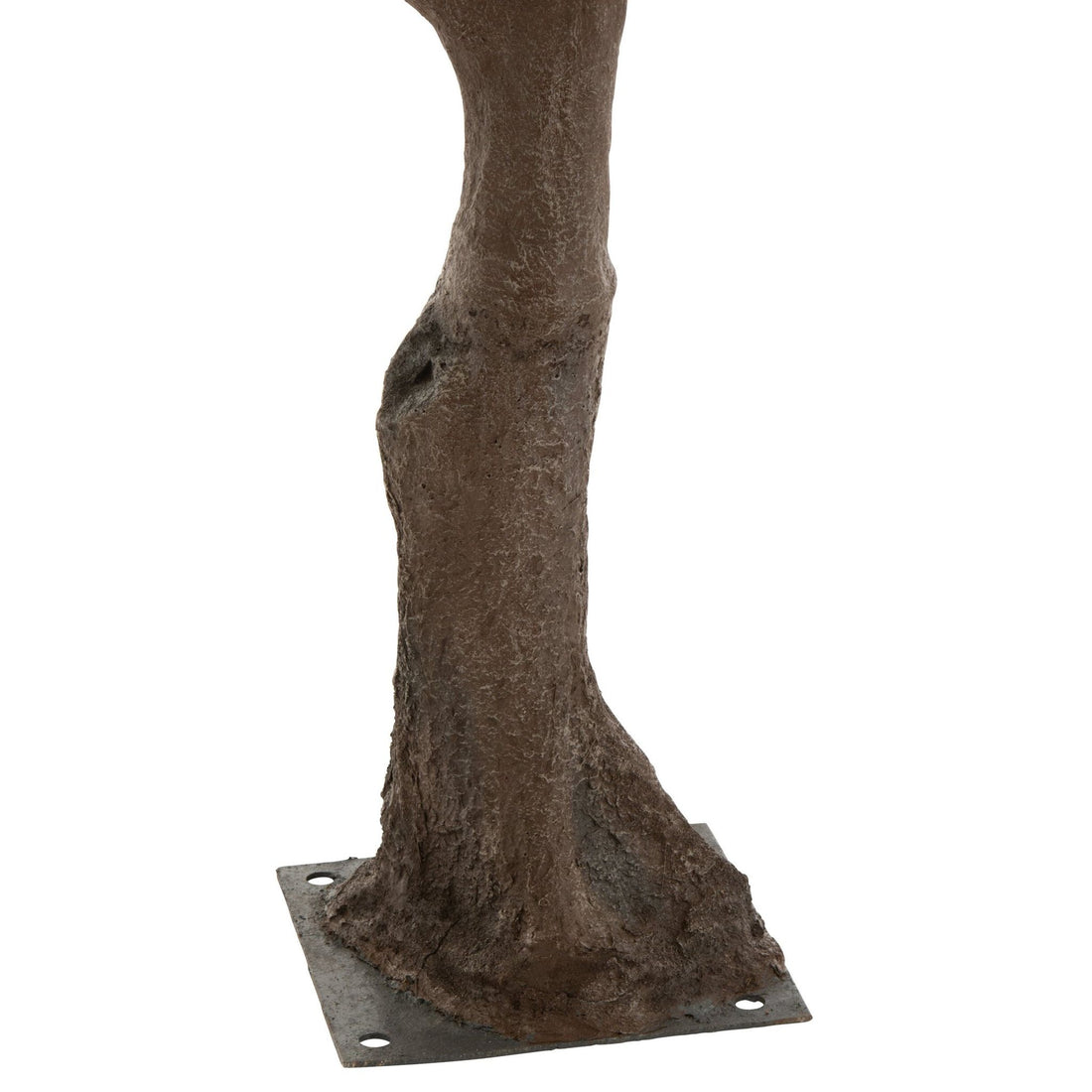 Detail van de knoestige stam van de kunstolijfboom van J-Line op de vierkante voet