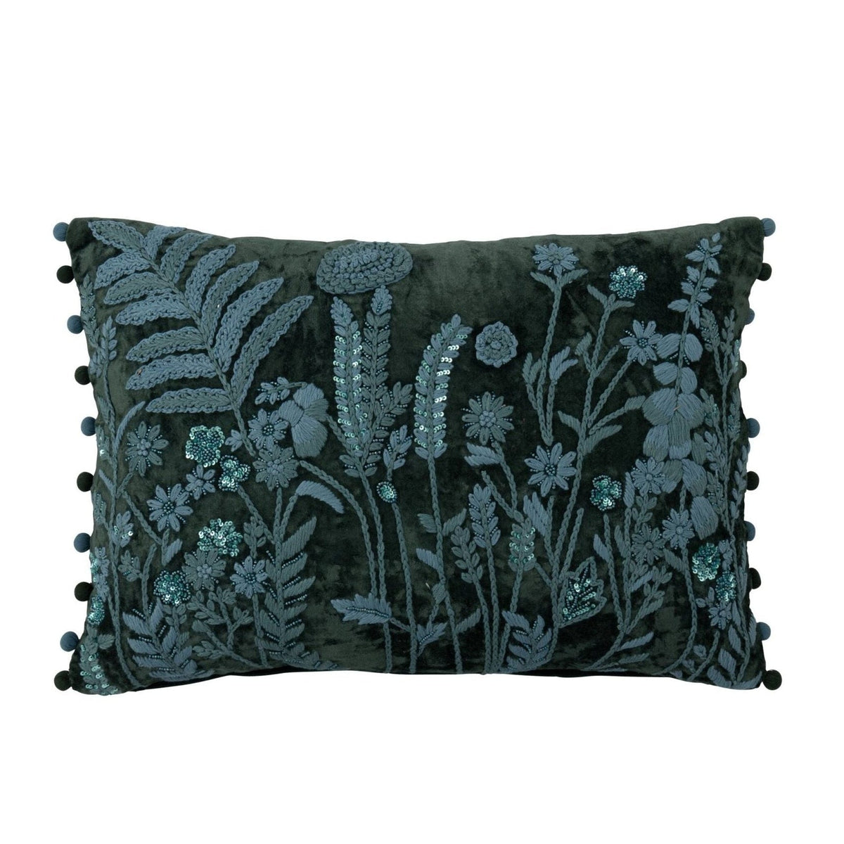 Kussen Bladeren + Bloemen Rechthoek van J-Line, dessin met bladeren en bloemen in groen en turquoise, vooraanzicht