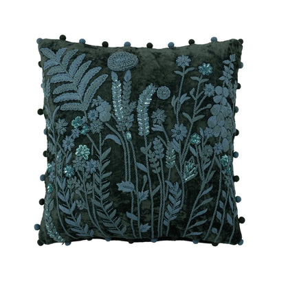 Kussen Bladeren + Bloemen Vierkant van J-Line, dessin met bladeren en bloemen in groen en turquoise, vooraanzicht