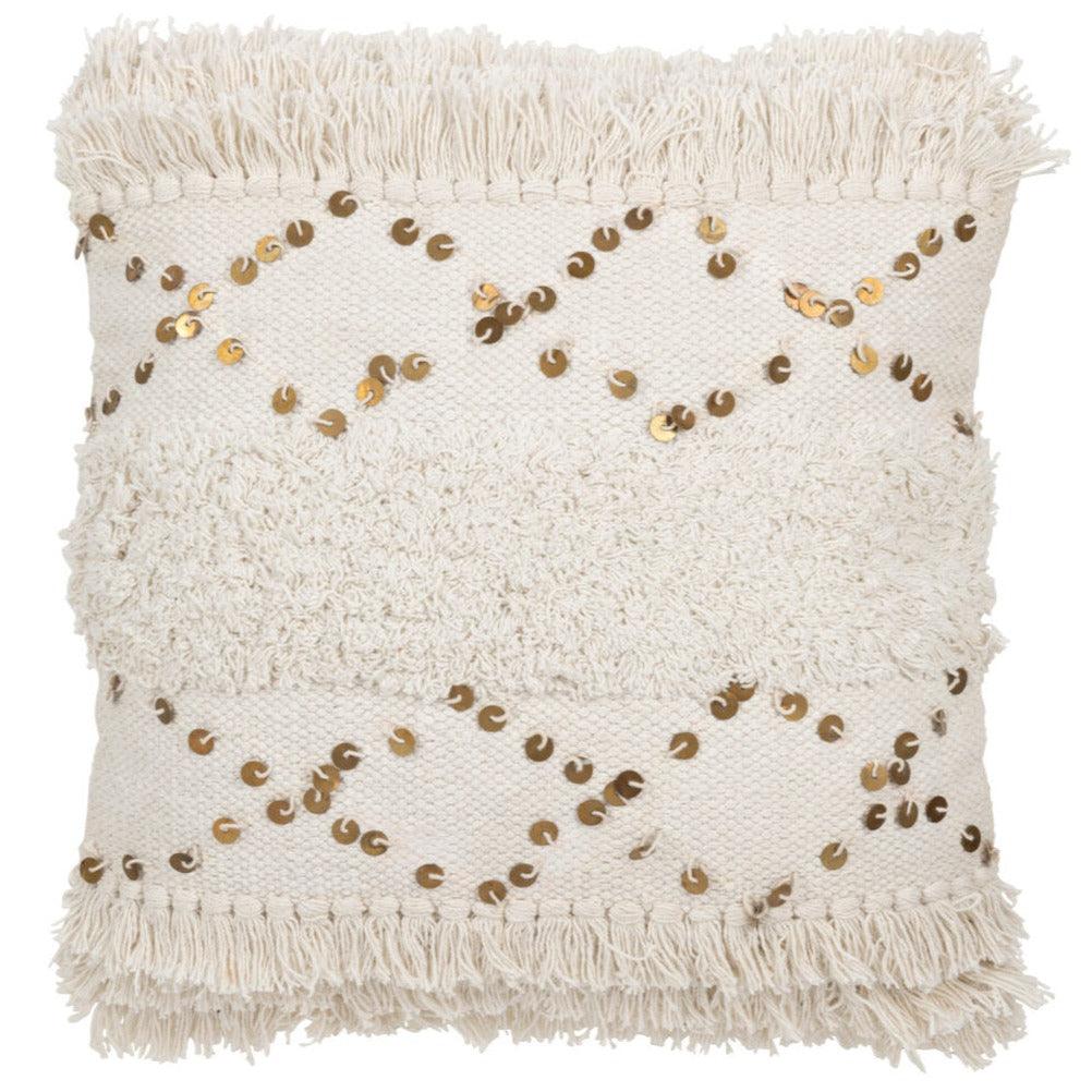 Kussen Getufd Franjes Katoen/Pailletten Wit/Goud - Kussen - J-Line - livinglovely.nl