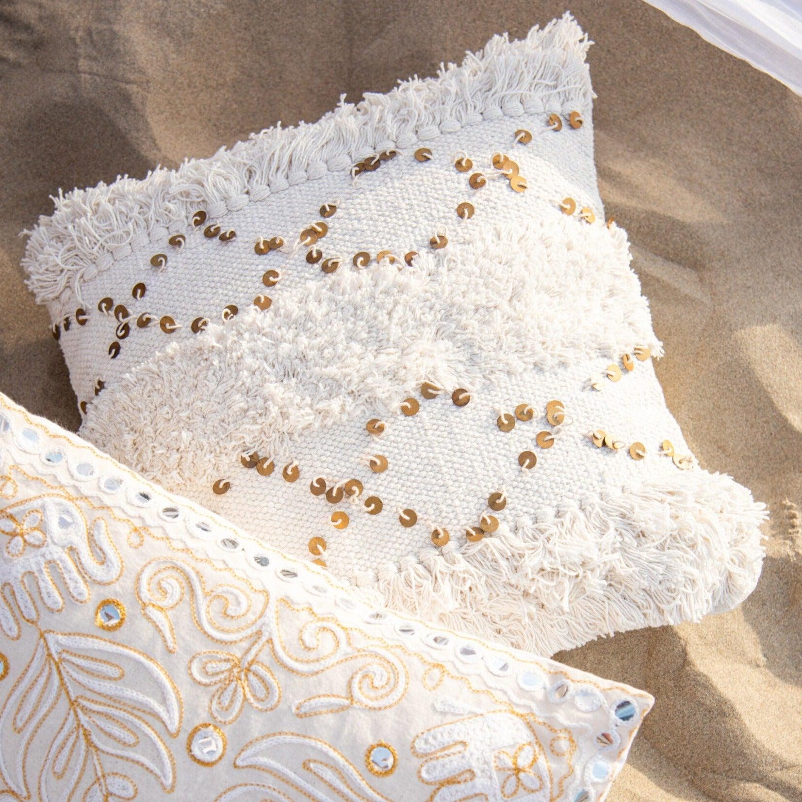 Kussen Getufd Franjes Katoen/Pailletten Wit/Goud - Kussen - J-Line - livinglovely.nl