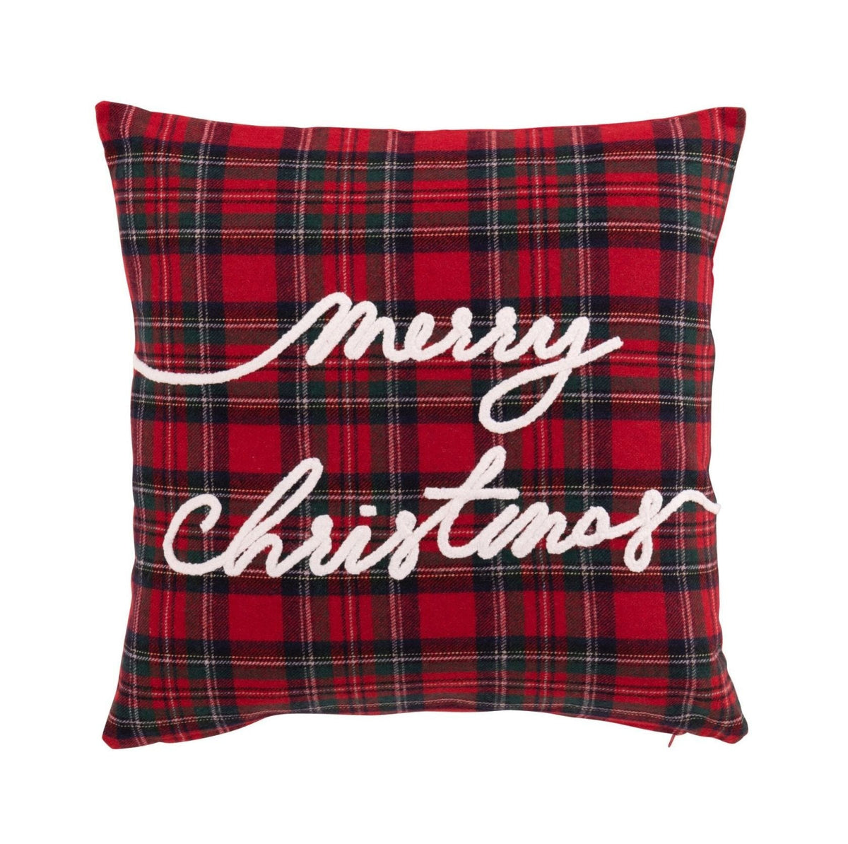Kussen Merry Christmas van J-Line, rood geruit kussen van 45x45 cm met wit borduursel